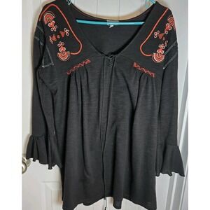 Vizio Boutique Tunic Top Size M Oversized Boho Flowy Black Red Embroidered